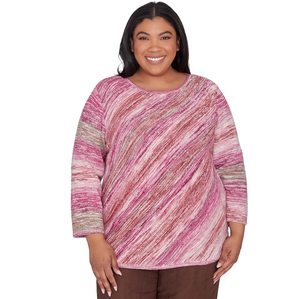 Alfred Dunner Pink and Cream 3/4 Sleeve Sweater